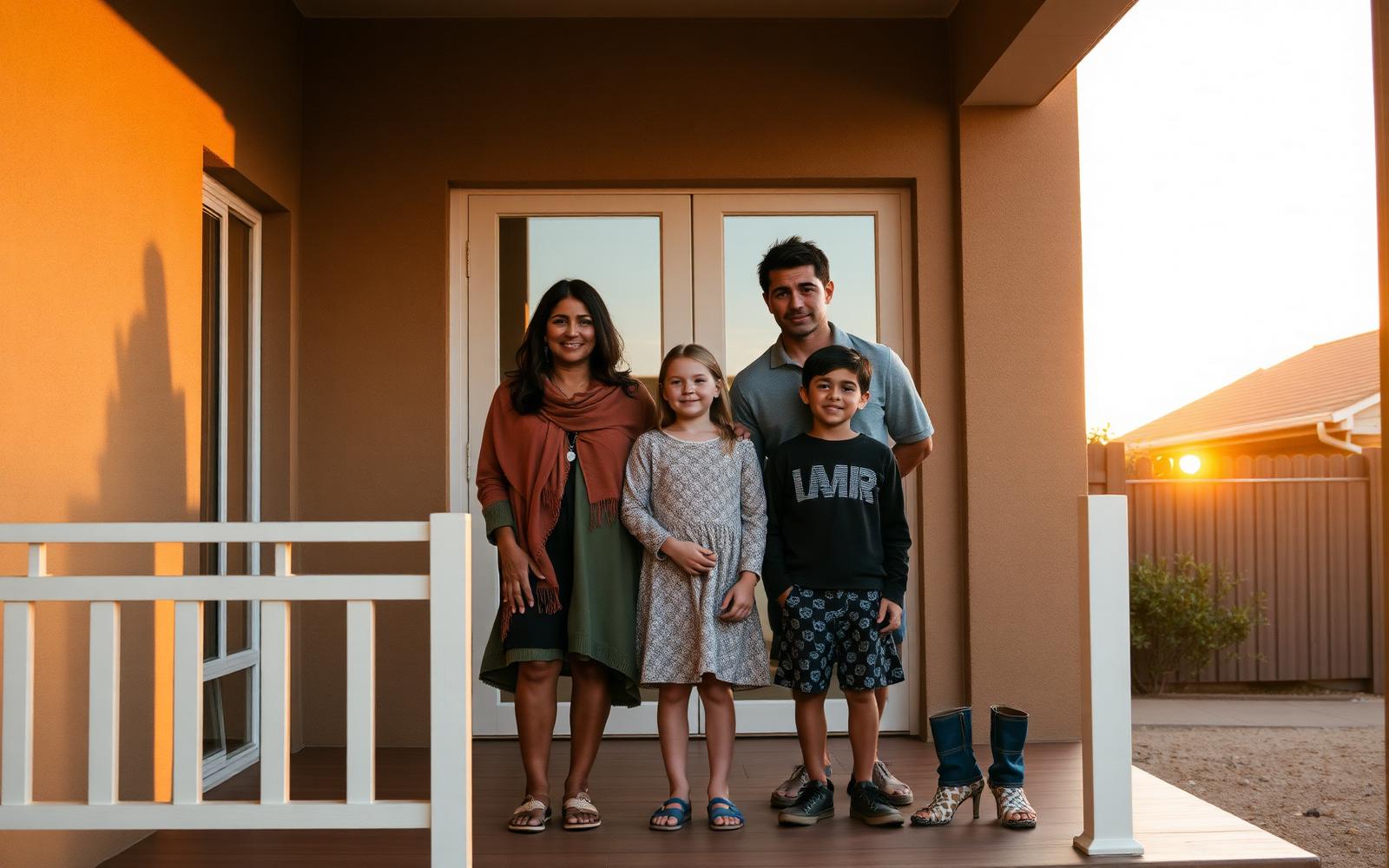 A South African family standing calmly on the veranda of their home